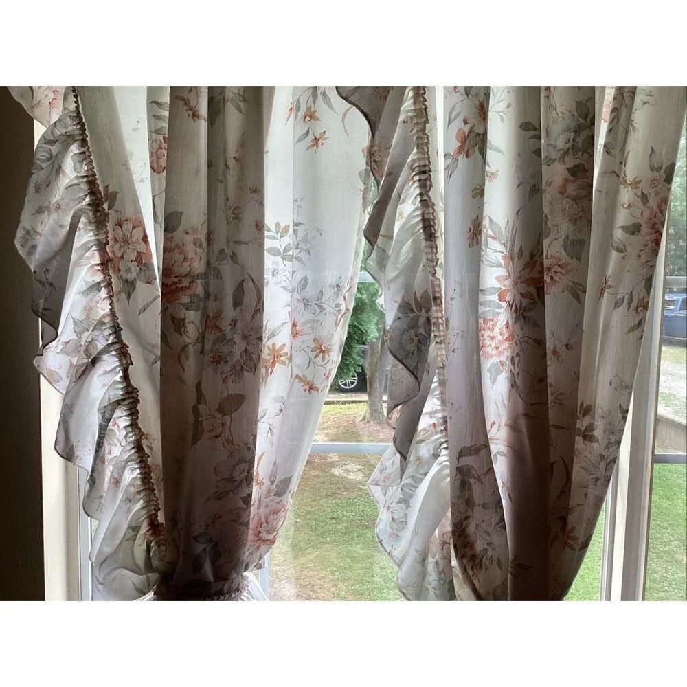 vintage jc penney curtains set of 4 floral ruffles 82L”x48W” 4 tie backs cottage